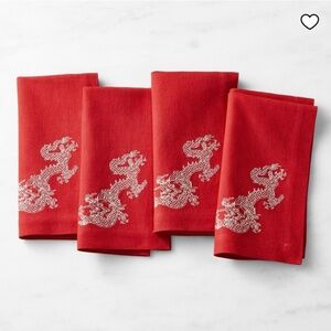 Williams Sonoma Lunar New Year Red Napkins w/Gold Embroidered Dragon, Set of 4.